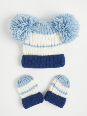 Blue Colour Block Knitted Bobble Hat and Mittens Set Baby at
