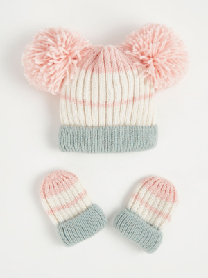 Pink Colour Block Knitted Bobble Hat and Mittens Set Baby at