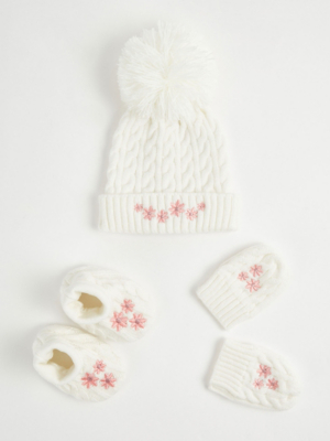 White Knitted Floral Hat Mittens and Booties 3 Piece Set Baby