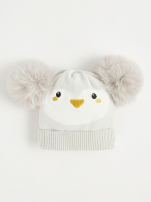 Grey Double Pom Pom Penguin Beanie Hat