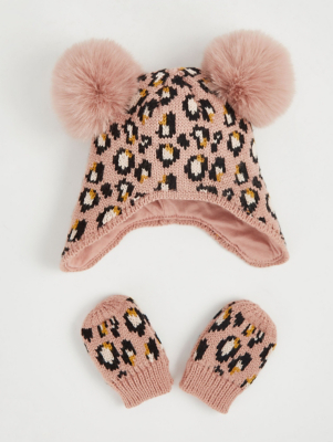 Pink Animal Print Trapper Hat and Mittens Set Baby at ASDA