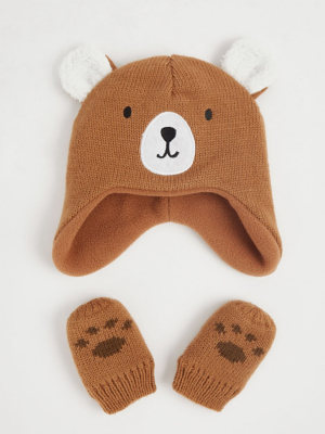 Tan Bear Trapper Hat and Mittens Baby at ASDA
