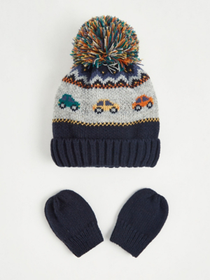 Navy Car Knitted Bobble Hat and Mittens