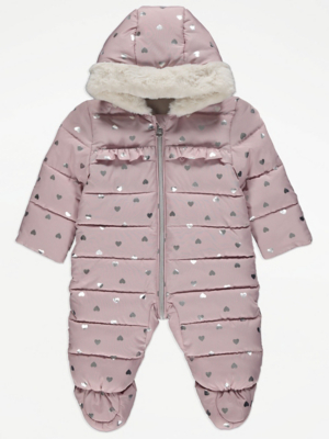Mauve Foil Heart Print Snowsuit Baby at ASDA
