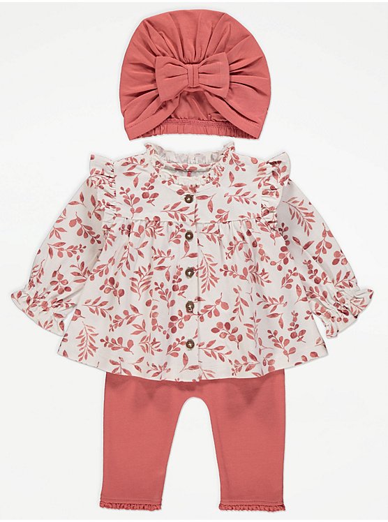 Pink Leaf Print Frill Top Leggings and Hat Outfit, Baby