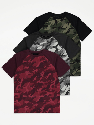 Camouflage Print Raglan T-Shirts 3 Pack | Kids | George at ASDA