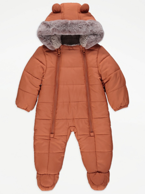Orange Padded Faux Fur Trim Snowsuit Baby at ASDA