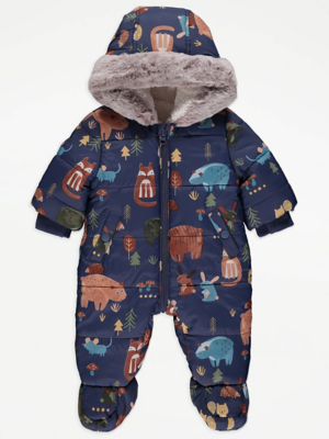 Navy Woodland Faux Fur Trim Snowsuit Baby at ASDA