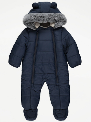Navy Padded Faux Fur Trim Snowsuit Baby at ASDA