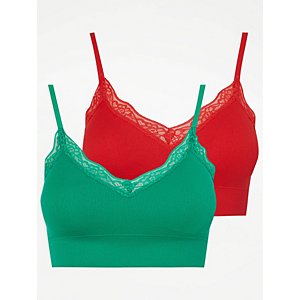 Bright Ribbed Lace Trim Non Wired Bras 2 Pack, Lingerie