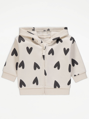 Cream Heart Print Zip Hoodie Baby at ASDA