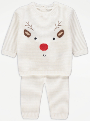 Cream Reindeer Knitted Jumper and Trousers Outfit Baby at ASDA