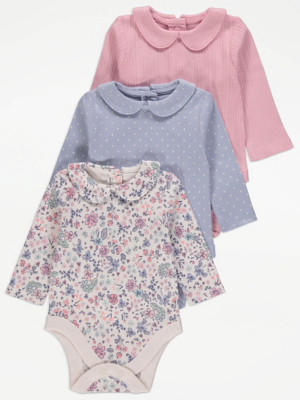 Collared Long Sleeve Bodysuits 3 Pack Baby at ASDA