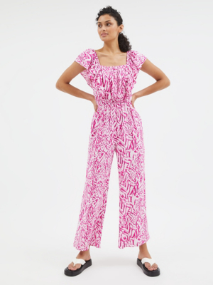 Pink Patterned Frill Sleeve Jumpsuit Women at ASDA