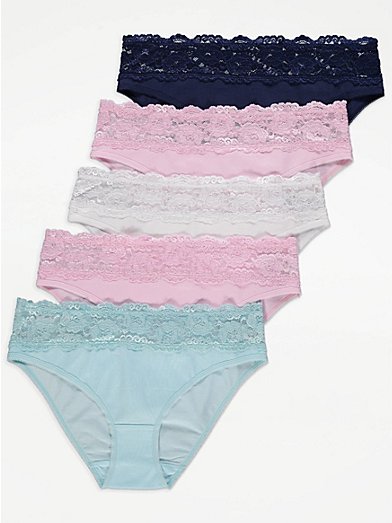 Blue Lace Trim High Leg Knickers 5 Pack