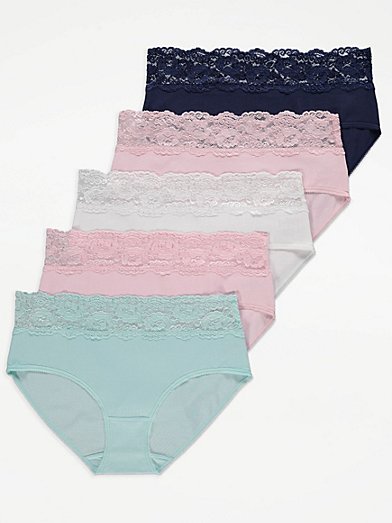 Bright Pink Lace Top Midi Knickers 5 Pack, Lingerie