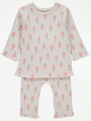 Cream Floral Ribbed Top and Leggings Outfit Baby at ASDA