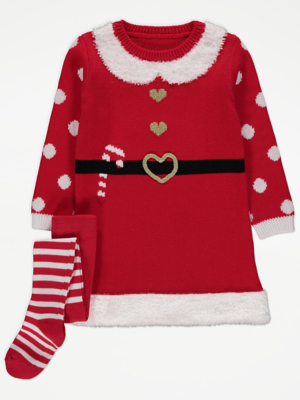 Red Knitted Santa Christmas Dress and Striped Tights Outfit Kids