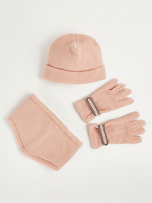 Pink Fleece Hat Snood and Gloves 3 Piece Set Kids at ASDA