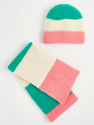Bright Striped Knitted Hat and Scarf Set Kids at ASDA