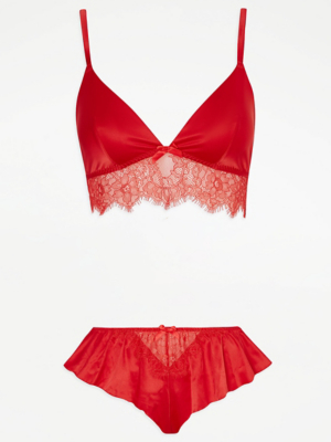Red Satin Bralette and Short Knickers Set Lingerie at ASDA