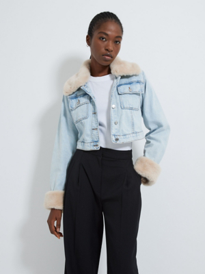 Blue Faux Fur Trim Cropped Denim Jacket Women at ASDA