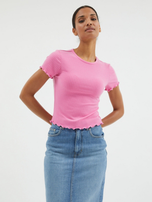 Pink Ribbed Lettuce Trim Top Women at ASDA