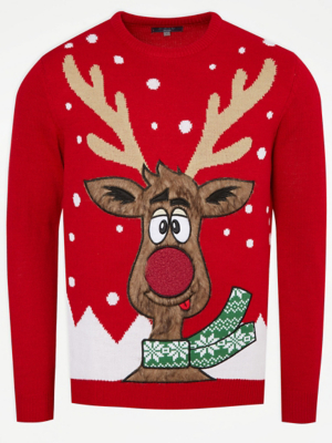 Red Furry Rudolph Matching Christmas Jumpers at ASDA