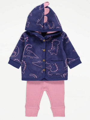 Purple Dinosaur Fleece Jacket and Ribbed Leggings Outfit Baby