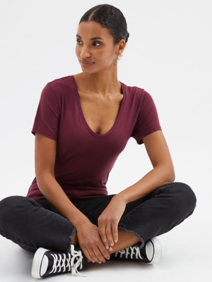 Burgundy V Neck TShirt Women at ASDA