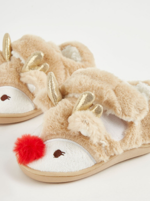 Reindeer Faux Fur Cupsole Slippers Kids George at ASDA