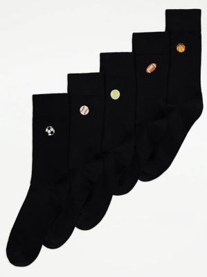 Black Embroidered Sports Socks 5 Pack Men at ASDA