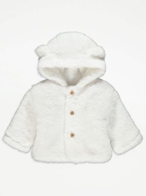 Unisex White Fluffy Hooded Cardigan Baby at ASDA