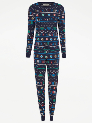 Christmas Pajamas Hanukkah Onesie Womens Navy Happy Hanukkah