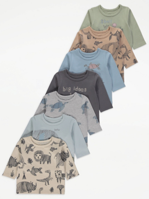 Safari Animal Slogan Long Sleeve Tops 7 Pack Baby at ASDA