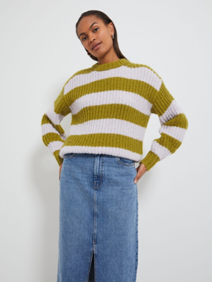 Green Fluffy Wide Stripe Chunky Knitted Jumper Women at ASDA