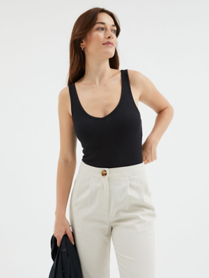 Black Ribbed V Neck Sleeveless Bodysuit Women at ASDA