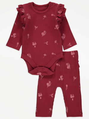 Red Floral Ribbed Bodysuit and Leggings Outfit Baby at ASDA