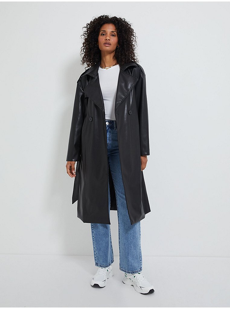 Black Leather Look Trench Coat | Women | George at ASDA