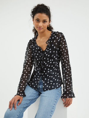 Black Spot Tie Front Ruffle Blouse Women at ASDA
