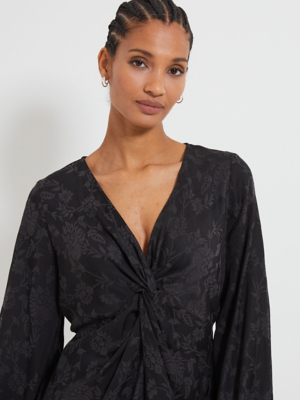 Black Tie Front Jacquard Satin Blouse Women at ASDA