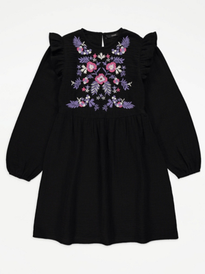 Black Embroidered Cheesecloth Dress Kids at ASDA