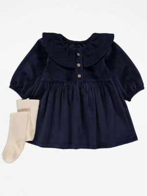 Navy Collared Velour Dress and Tights Outfit Baby at ASDA