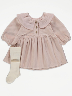 Pink Velour Collared Dress and Tights Outfit