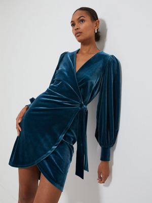 Teal Velvet Wrap Front Mini Dress Women at ASDA