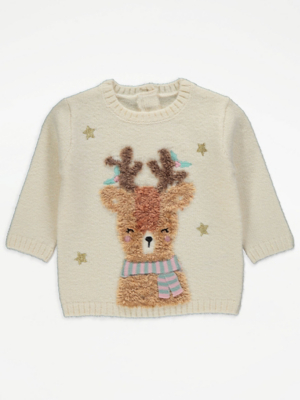 Cream Fluffy Reindeer Christmas Jumper Baby at ASDA