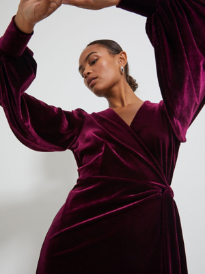 Burgundy Velvet Wrap Front Midi Dress | Women | George at ASDA