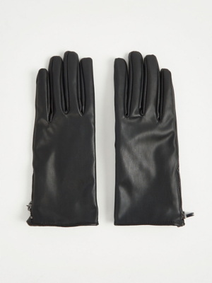 Black Faux Leather Zip Gloves Women at ASDA