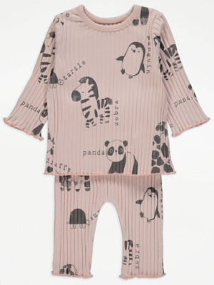 Pink Animal Slogan Ribbed Top and Leggings Outfit Baby at ASDA
