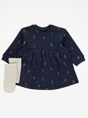 Navy Floral Sweatshirt Dress and Tights Outfit Baby at ASDA